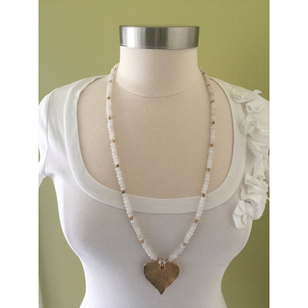 Gold Dipped Leaf Pendant White Glass Beaded Necklace Boho Festival Handmade 30"L